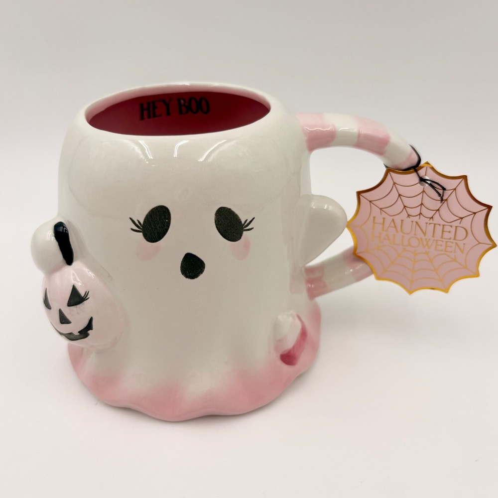 Haunted Halloween Pink Ghost Figural Mug Hey Boo 18oz Pastel Pumpkin Ceramic